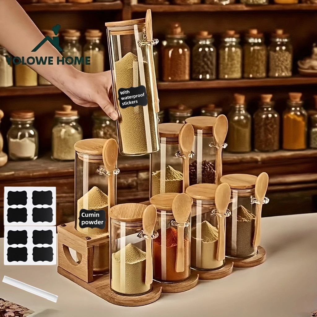 Spice Jar Labels - مجموعة حاويات تخزين زجاجية من 8