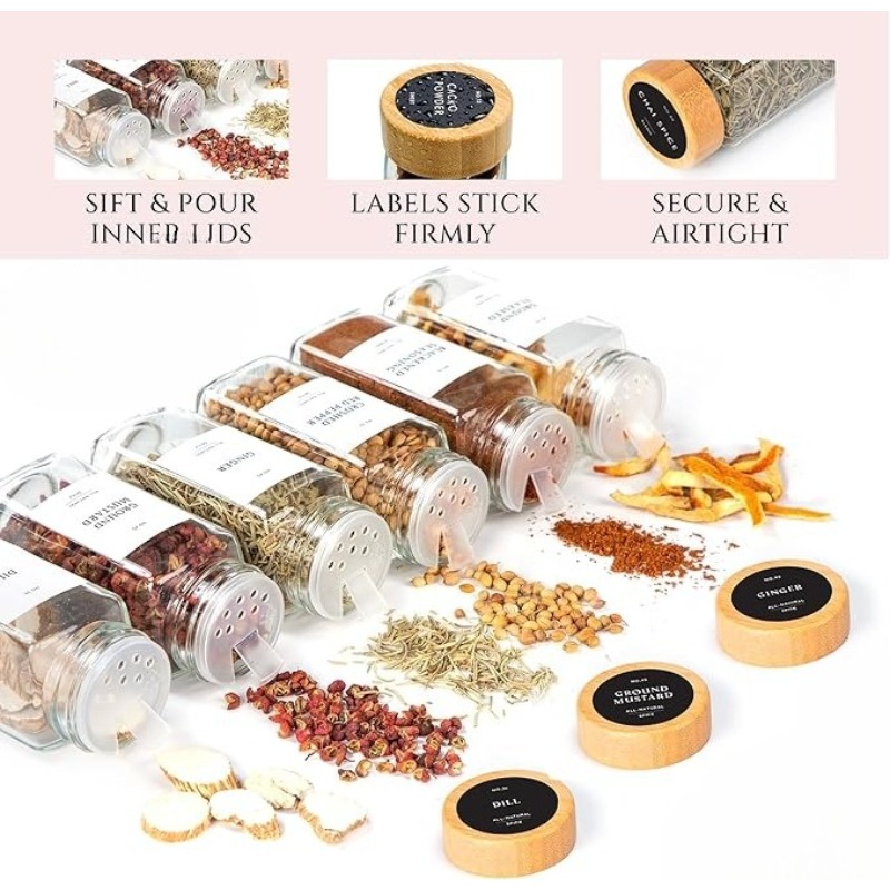 مجموعة أوعية توابل مربعة بغطاء - مراجعة Spice Jar Labels وسعره